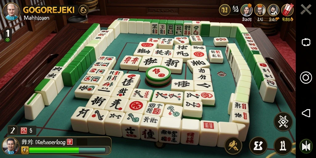 Tampilan gameplay GOGOREJEKI dengan ubin Mahjong berwarna-warni.