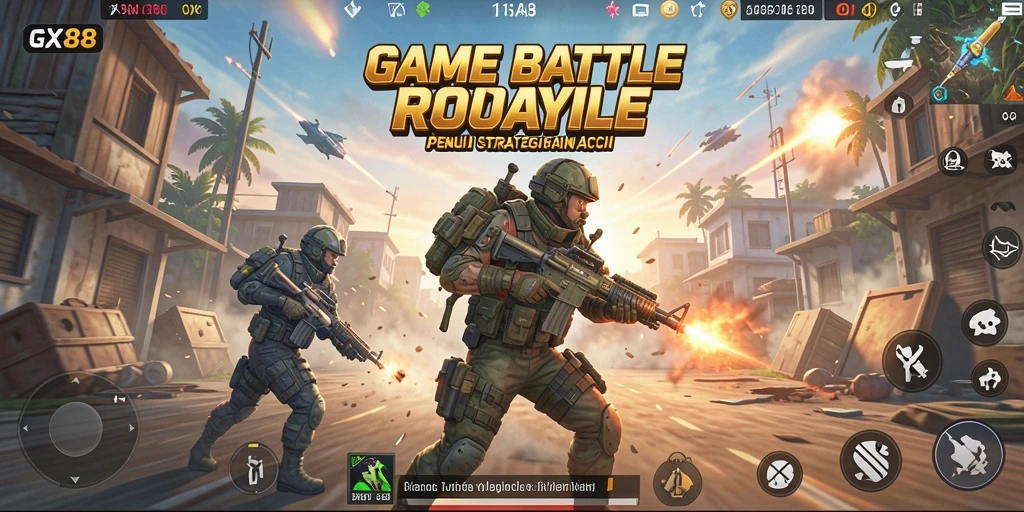 Screenshot gameplay GX88 menampilkan aksi Battle Royale yang mendebarkan.