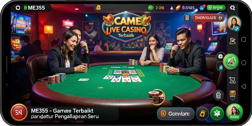 Screenshot gameplay ME355 menunjukkan dealer langsung yang sedang bermain dengan pemain.