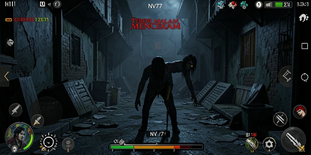 Screenshot gameplay NV77 yang menunjukkan suasana Horror yang mencekam.