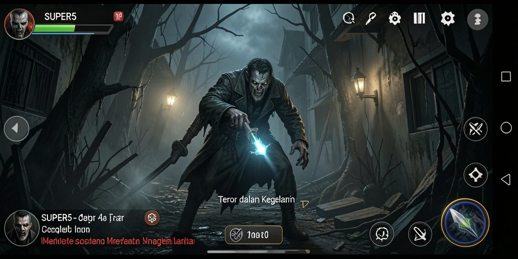 Tangkapan layar gameplay SUPER5 menunjukkan suasana horor yang mencekam.