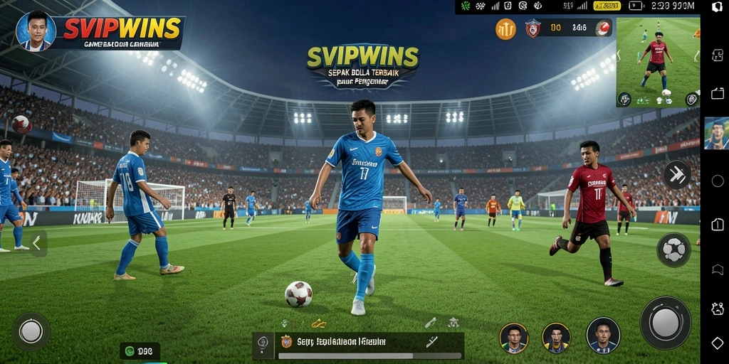 Screenshot gameplay SVIPWINS menampilkan aksi sepak bola yang mendebarkan.
