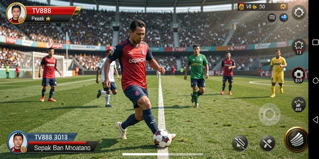 Tampilan screenshot utama TV888 yang menampilkan aksi permainan sepak bola yang mendebarkan.