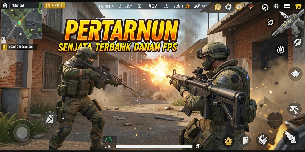 Screenshot gameplay V07 menampilkan pertempuran intens dalam FPS.
